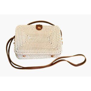 Handwoven White Rattan Crossbody Bag With Brown Leather Strap & Tropical Print L